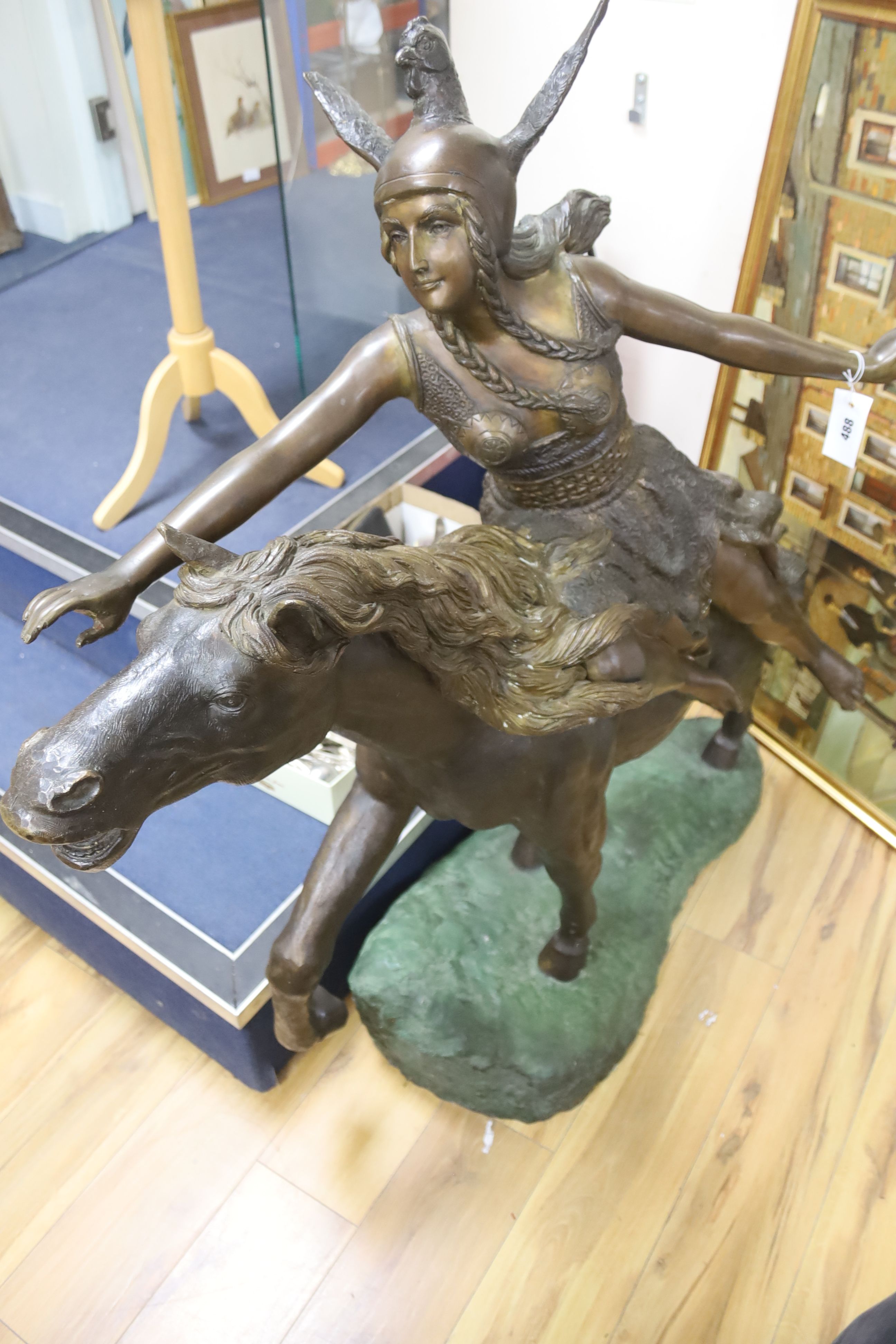 A large bronze of a Valkyrie on horseback, width 135cm height 122cm